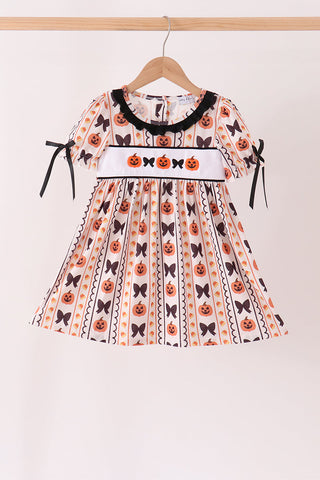 Pumpkin bow embroidery ruffle dress