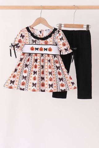 Pumpkin bow embroidery ruffle pants set