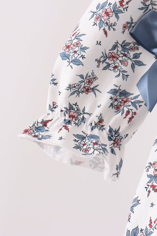 Teal floral smocked bow bubble