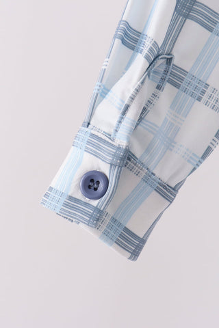 Blue plaid button down shirt
