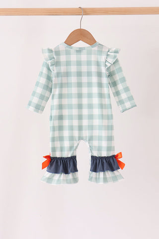Sage Turkey Embroidery Gingham Ruffle Romper