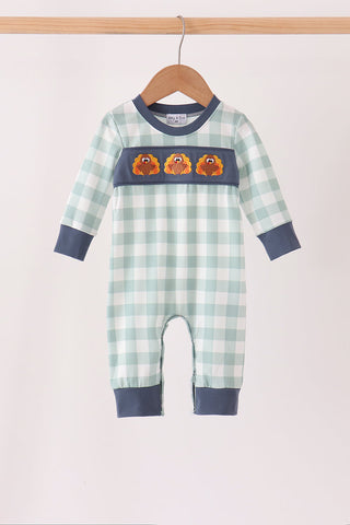 Sage Turkey Embroidery Gingham Romper