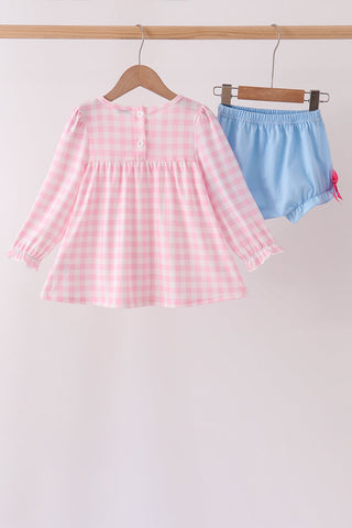 Pink Turkey Embroidery Gingham Bloomer Set