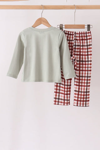 Sage Turkey Applique Plaid Pants Set