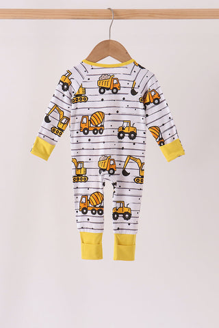 Yellow Construction Trucks Zip Bamboo Romper