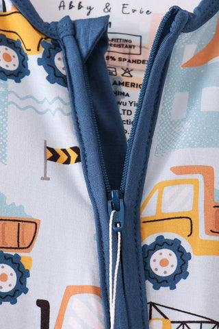 Blue Construction Trucks Zip Bamboo Romper