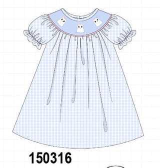 Blue ghost embroidery gingham dress