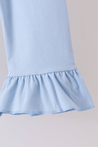 Blue ghost embroidery gingham ruffle pants set