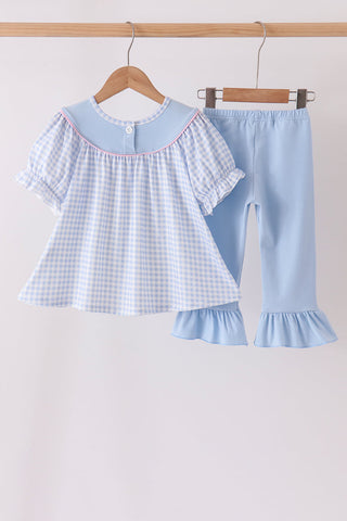Blue ghost embroidery gingham ruffle pants set