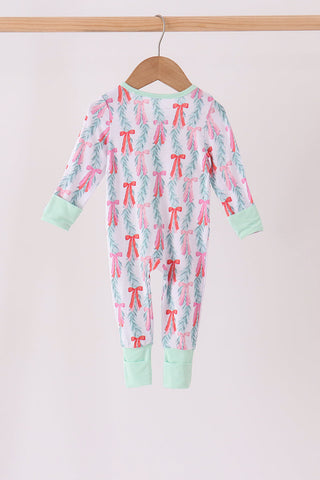 Green bow christmas tree bamboo zipper romper