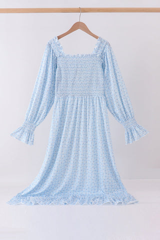 Blue floral smocked mom dress