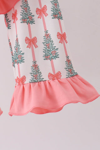 Pink Christmas Tree Bow Ruffle Pajama Set