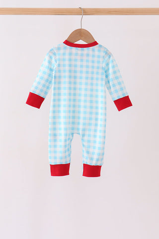 Blue puppy embroidery gingham romper