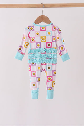 Blue smiling checkered ruffle bamboo romper