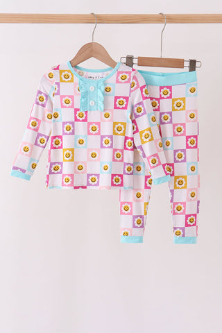 Blue smiling checkered ruffle bamboo pajama set
