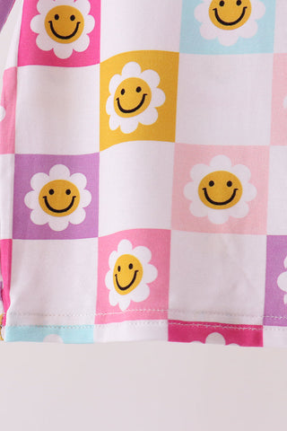 Blue smiling checkered ruffle bamboo pajama set