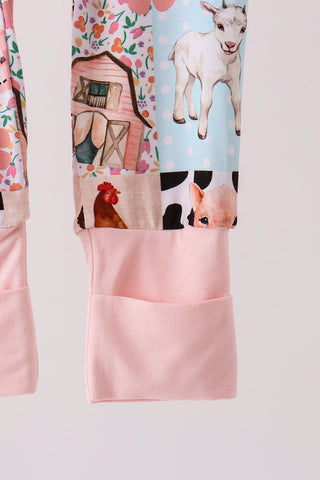 Pink Farm Animals Zip Bamboo Romper