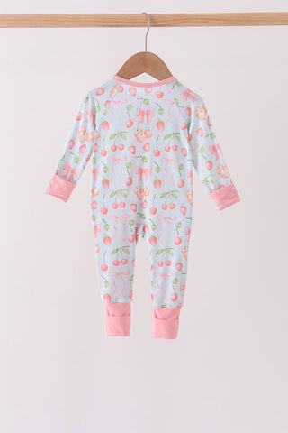 Pink bow cherry zipper bamboo romper