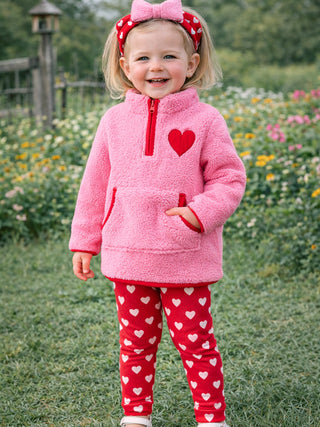 Valentine Pink Sherpa Heart Top with Red Heart Leggings and Bow Headband