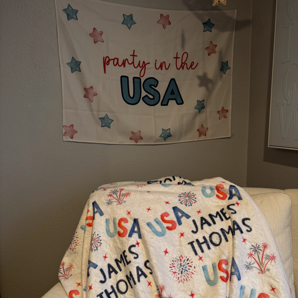 Personalized Patriotic USA Blanket - Custom Name 4th of July Holiday Memorial Day Summer