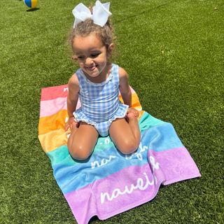 Personalized Rainbow Beach Towel - Custom Name Vacation Gift Groovy Retro Style