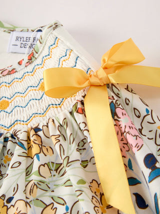 Fall  Embroidery Smocking Bow Floral Leaf Baby Girls Dress