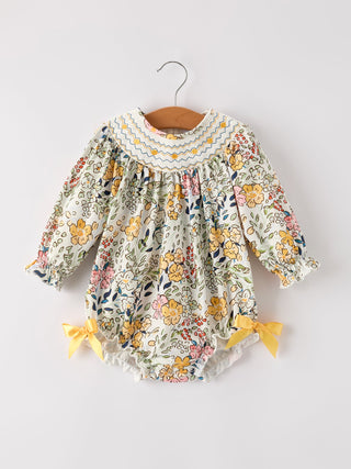 Fall  Embroidery Smocking Bow Floral Leaf Baby Girls Romper