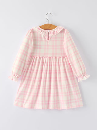 Pink Plaid Ruffle Ballet Shoe Embroidery Long Sleeve Dress
