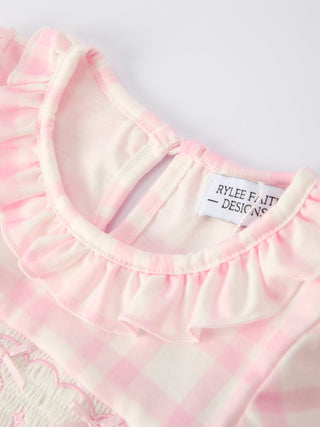 Pink Plaid Ruffle Ballet Shoe Embroidery Long Sleeve Dress