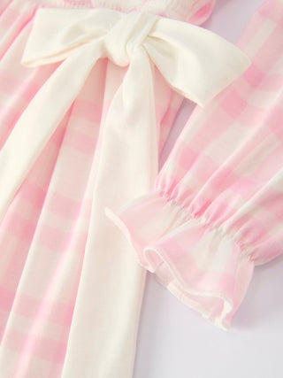 Pink Plaid Ruffle Ballet Shoe Embroidery Long Sleeve Dress