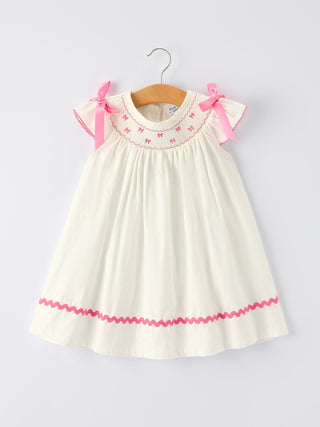 Fall White Girls Dress with Pink Bow Embroidery