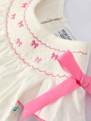 Fall White Girls Dress with Pink Bow Embroidery