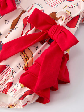 Baby Girl Romper with Red Bows Baseball Print