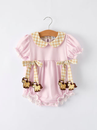 Farm Horse Bow Baby Girls Romper – Pink Plaid
