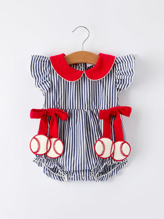 Girls Baseball Team Outfit – Striped Ruffle Sleeve Romper with Ball Design