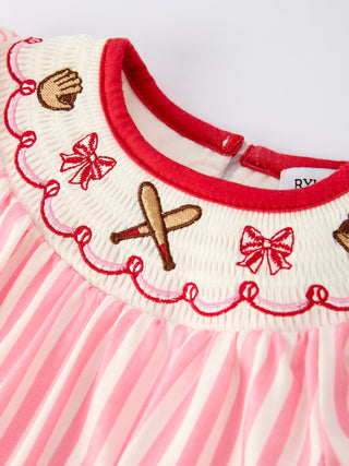 Baby Girls Baseball Embroidery Romper – Pink Stripe Casual Outfit