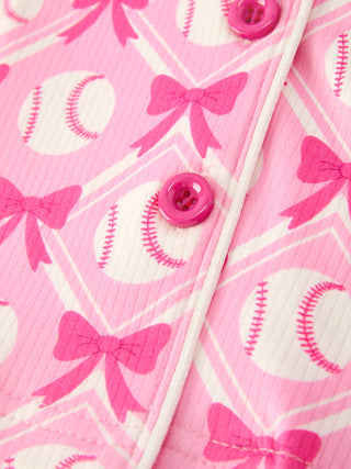 Girls Baseball Bow Print Pajama Set Short Sleeve Pink