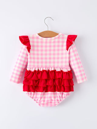 Valentine Pink Plaid Baby Girls Romper with Horse & Heart Smocking