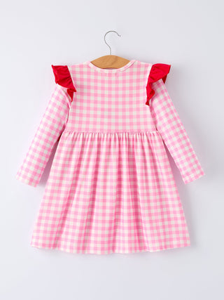 Valentine Pink Plaid Girls Dress with Horse & Heart Smocking Embroidery