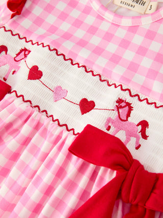 Valentine Pink Plaid Girls Dress with Horse & Heart Smocking Embroidery