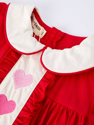Red Ruffle Heart Embroidered Girls Dress - Valentine Style