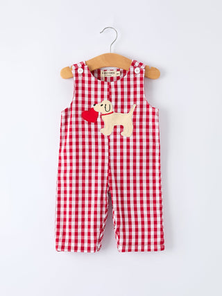 Valentine Red Plaid Boys Romper with Applique Heart Dog Detail