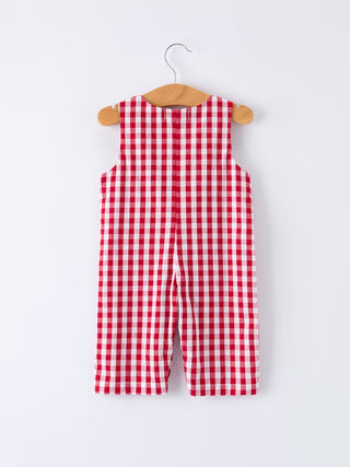 Valentine Red Plaid Boys Romper with Applique Heart Dog Detail