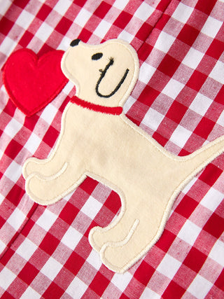 Valentine Red Plaid Boys Romper with Applique Heart Dog Detail