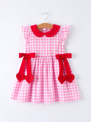 Valentine Pink Plaid Girls Dress with Red Hearts and Bows