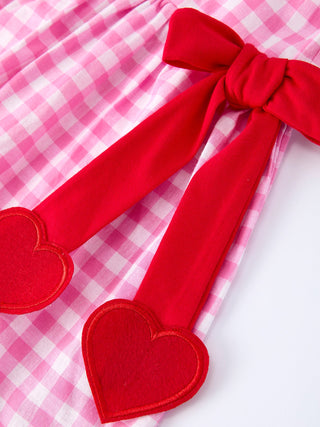 Valentine Pink Plaid Girls Dress with Red Hearts and Bows