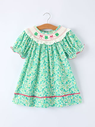 Girls St. Patrick’s Day Shamrock Bow Smocked Dress