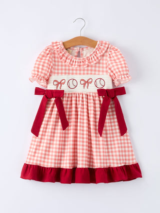 Baseball Embroidery Smocked Ruffle Plaid Girl Dress