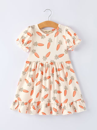 Easter Carrot Print Girls Ruffle Hem Dress