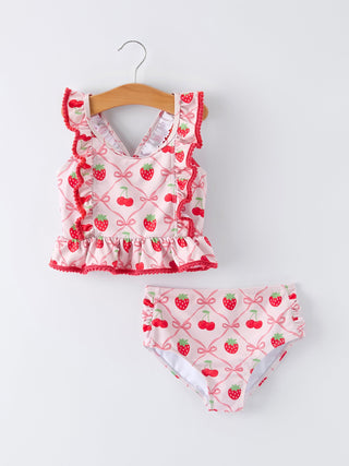 Summer Strawberry Cherry Ruffle Girl Swimwear Set